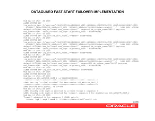 DATAGUARD FAST START FAILOVER IMPLEMENTATION
65/99
/
Wed Dec 10 17:41:35 2008
ALTER SYSTEM SET
log_archive_dest_2='service="(DESCRIPTION=(ADDRESS_LIST=(ADDRESS=(PROTOCOL=TCP)(HOST=DGONE)(PORT=1522)
))(CONNECT_DATA=(SERVICE_NAME=SATI_XPT)(INSTANCE_NAME=SATI)(SERVER=dedicated)))"',' LGWR SYNC AFFIRM
delay=0 OPTIONAL max_failure=0 max_connections=1 reopen=1 db_unique_name="SATI" register
net_timeout=180 valid_for=(online_logfile,primary_role)' SCOPE=BOTH;
Wed Dec 10 17:41:35 2008
ALTER SYSTEM SET log_archive_dest_state_2='RESET' SCOPE=BOTH;
Wed Dec 10 17:42:23 2008
ALTER SYSTEM SET
log_archive_dest_2='service="(DESCRIPTION=(ADDRESS_LIST=(ADDRESS=(PROTOCOL=TCP)(HOST=DGONE)(PORT=1522)
))(CONNECT_DATA=(SERVICE_NAME=SATI_XPT)(INSTANCE_NAME=SATI)(SERVER=dedicated)))"',' LGWR SYNC AFFIRM
delay=0 OPTIONAL max_failure=0 max_connections=1 reopen=1 db_unique_name="SATI" register
net_timeout=180 valid_for=(online_logfile,primary_role)' SCOPE=BOTH;
Wed Dec 10 17:42:23 2008
ALTER SYSTEM SET log_archive_dest_state_2='RESET' SCOPE=BOTH;
Wed Dec 10 17:42:47 2008
ALTER SYSTEM SET
log_archive_dest_2='service="(DESCRIPTION=(ADDRESS_LIST=(ADDRESS=(PROTOCOL=TCP)(HOST=DGONE)(PORT=1522)
))(CONNECT_DATA=(SERVICE_NAME=SATI_XPT)(INSTANCE_NAME=SATI)(SERVER=dedicated)))"',' LGWR SYNC AFFIRM
delay=0 OPTIONAL max_failure=0 max_connections=1 reopen=300 db_unique_name="SATI" register
net_timeout=180 valid_for=(online_logfile,primary_role)' SCOPE=BOTH;
Wed Dec 10 17:42:47 2008
ALTER SYSTEM SET log_archive_dest_state_2='ENABLE' SCOPE=BOTH;
Wed Dec 10 17:42:47 2008
ALTER SYSTEM ARCHIVE LOG
Wed Dec 10 17:42:47 2008
Destination LOG_ARCHIVE_DEST_2 is UNSYNCHRONIZED
******************************************************************
LGWR: Setting 'active' archival for destination LOG_ARCHIVE_DEST_2
******************************************************************
LNSb started with pid=31, OS id=388
Wed Dec 10 17:42:55 2008
LGWR: Standby redo logfile selected to archive thread 1 sequence 2
LGWR: Standby redo logfile selected for thread 1 sequence 2 for destination LOG_ARCHIVE_DEST_2
Wed Dec 10 17:42:55 2008
Thread 1 advanced to log sequence 2 (LGWR switch)
Current log# 2 seq# 2 mem# 0: Z:ORACLEORADATASATIREDO11.LOG
 
