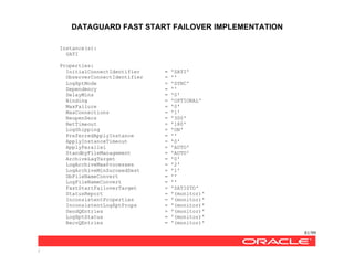 DATAGUARD FAST START FAILOVER IMPLEMENTATION
81/99
/
Instance(s):
SATI
Properties:
InitialConnectIdentifier = 'SATI'
ObserverConnectIdentifier = ''
LogXptMode = 'SYNC'
Dependency = ''
DelayMins = '0'
Binding = 'OPTIONAL'
MaxFailure = '0'
MaxConnections = '1'
ReopenSecs = '300'
NetTimeout = '180'
LogShipping = 'ON'
PreferredApplyInstance = ''
ApplyInstanceTimeout = '0'
ApplyParallel = 'AUTO'
StandbyFileManagement = 'AUTO'
ArchiveLagTarget = '0'
LogArchiveMaxProcesses = '2'
LogArchiveMinSucceedDest = '1'
DbFileNameConvert = ''
LogFileNameConvert = ''
FastStartFailoverTarget = 'SATISTD'
StatusReport = '(monitor)'
InconsistentProperties = '(monitor)'
InconsistentLogXptProps = '(monitor)'
SendQEntries = '(monitor)'
LogXptStatus = '(monitor)'
RecvQEntries = '(monitor)'
 