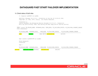 DATAGUARD FAST START FAILOVER IMPLEMENTATION
95/99
/
10. Check status of both sites
C: >sqlplus sys@SATI as sysdba
SQL*Plus: Release 10.2.0.4.0 - Production on Sun Dec 28 16:55:22 2008
Copyright (c) 1982, 2007, Oracle. All Rights Reserved.
Connected to:
Oracle Database 10g Enterprise Edition Release 10.2.0.4.0 - Production
With the Partitioning, OLAP, Data Mining and Real Application Testing options
SQL> select DB_UNIQUE_NAME, DATABASE_ROLE, OPEN_MODE, FS_FAILOVER_STATUS, FS_FAILOVER_CURRENT_TARGET
From v$database;
DB_UNIQUE_NAME DATABASE_ROLE OPEN_MODE FS_FAILOVER_STATUS FS_FAILOVER_CURRENT_TARGET
--------------- ---------------- ---------- --------------------- ------------------------------
SATI PRIMARY READ WRITE SYNCHRONIZED SATISTD
SQL> connect sys@SATISTD as sysdba
Enter password:
Connected.
SQL> /
DB_UNIQUE_NAME DATABASE_ROLE OPEN_MODE FS_FAILOVER_STATUS FS_FAILOVER_CURRENT_TARGET
--------------- ---------------- ---------- --------------------- ------------------------------
SATISTD PHYSICAL STANDBY MOUNTED SYNCHRONIZED SATISTD
 