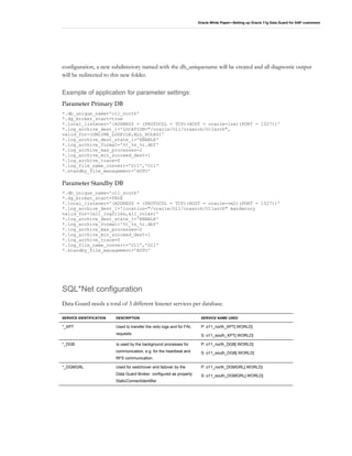 Oracle White Paper—Setting up Oracle 11g Data Guard for SAP customers
configuration, a new subdirectory named with the db_uniquename will be created and all diagnostic output
will be redirected to this new folder.
Example of application for parameter settings:
Parameter Primary DB
*.db_unique_name='o11_north'
*.dg_broker_start=true
*.local_listener='(ADDRESS = (PROTOCOL = TCP)(HOST = oracle-lnx)(PORT = 1527))'
*.log_archive_dest_1='LOCATION="/oracle/O11/oraarch/O11arch",
valid_for=(ONLINE_LOGFILE,ALL_ROLES)'
*.log_archive_dest_state_1='ENABLE'
*.log_archive_format='%t_%s_%r.dbf'
*.log_archive_max_processes=2
*.log_archive_min_succeed_dest=1
*.log_archive_trace=0
*.log_file_name_convert='O11','O11'
*.standby_file_management='AUTO'
Parameter Standby DB
*.db_unique_name='o11_south'
*.dg_broker_start=TRUE
*.local_listener='(ADDRESS = (PROTOCOL = TCP)(HOST = oracle-vm2)(PORT = 1527))'
*.log_archive_dest_1='location="/oracle/O11/oraarch/O11arch" mandatory
valid_for=(all_logfiles,all_roles)'
*.log_archive_dest_state_1='ENABLE'
*.log_archive_format='%t_%s_%r.dbf'
*.log_archive_max_processes=2
*.log_archive_min_succeed_dest=1
*.log_archive_trace=0
*.log_file_name_convert='O11','O11'
*.standby_file_management='AUTO'
SQL*Net configuration
Data Guard needs a total of 3 different listener services per database.
SERVICE IDENTIFICATION DESCRIPTION SERVICE NAME USED
*_XPT Used to transfer the redo logs and for FAL
requests
P: o11_north_XPT[.WORLD]
S: o11_south_XPT[.WORLD]
*_DGB Is used by the background processes for
communication, e.g. for the heartbeat and
RFS communication.
P: o11_north_DGB[.WORLD]
S: o11_south_DGB[.WORLD]
*_DGMGRL Used for switchover and failover by the
Data Guard Broker. configured as property
StaticConnectIdentifier
P: o11_north_DGMGRL[.WORLD]
S: o11_south_DGMGRL[.WORLD]
 