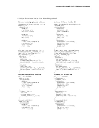 Oracle White Paper—Setting up Oracle 11g Data Guard for SAP customers
Example application for an SQL*Net configuration:
Listener settings primary database
ADMIN_RESTRICTIONS_LISTENER_O11 = on
LISTENER_O11 =
(ADDRESS_LIST =
(ADDRESS =
(PROTOCOL = IPC)
(KEY = O11.WORLD)
)
(ADDRESS=
(PROTOCOL = IPC)
(KEY = O11)
)
(ADDRESS =
(COMMUNITY = SAP.WORLD)
(PROTOCOL = TCP)
(HOST = oracle-lnx)
(PORT = 1527)
)
)
STARTUP_WAIT_TIME_LISTENER_O11 = 0
CONNECT_TIMEOUT_LISTENER_O11 = 10
TRACE_LEVEL_LISTENER_O11= OFF
SID_LIST_LISTENER_O11=
(SID_LIST =
(SID_DESC =
(SID_NAME = O11)
(GLOBAL_DBNAME=o11_oracle-lnx)
(ORACLE_HOME = /oracle/O11/11r2_32)
)
(SID_DESC =
(SID_NAME = O11)
(GLOBAL_DBNAME=o11_north_DGMGRL)
(ORACLE_HOME = /oracle/O11/11r2_32)
)
)
Listener Settings Standby DB
ADMIN_RESTRICTIONS_LISTENER_O11 = on
LISTENER_O11 =
(ADDRESS_LIST =
(ADDRESS =
(PROTOCOL = IPC)
(KEY = O11.WORLD)
)
(ADDRESS=
(PROTOCOL = IPC)
(KEY = O11)
)
(ADDRESS =
(COMMUNITY = SAP.WORLD)
(PROTOCOL = TCP)
(HOST = oracle-vm2)
(PORT = 1527)
)
)
STARTUP_WAIT_TIME_LISTENER_O11 = 0
CONNECT_TIMEOUT_LISTENER_O11 = 10
TRACE_LEVEL_LISTENER_O11= OFF
SID_LIST_LISTENER_O11=
(SID_LIST =
(SID_DESC =
(SID_NAME = O11)
(GLOBAL_DBNAME=o11_oracle-vm2)
(ORACLE_HOME = /oracle/O11/11r2_32)
)
(SID_DESC =
(SID_NAME = O11)
(GLOBAL_DBNAME=o11_south_DGMGRL)
(ORACLE_HOME = /oracle/O11/11r2_32)
)
)
Tnsnames.ora primary database
O11_oracle-lnx.WORLD=
(DESCRIPTION =
(ADDRESS_LIST =
(ADDRESS =
(COMMUNITY = SAP.WORLD)
(PROTOCOL = TCP)
(HOST = oracle-lnx)
(PORT = 1527)
)
)
(CONNECT_DATA =
(SID = O11)
(GLOBAL_NAME = O11)
(SERVICE_NAME = o11_oracle-lnx)
)
)
O11_oracle-vm2.WORLD=
(DESCRIPTION =
(ADDRESS_LIST =
(ADDRESS =
(COMMUNITY = SAP.WORLD)
(PROTOCOL = TCP)
(HOST = oracle-vm2)
Tnsnames.ora Standby DB
O11_oracle-vm2.WORLD=
(DESCRIPTION =
(ADDRESS_LIST =
(ADDRESS =
(COMMUNITY = SAP.WORLD)
(PROTOCOL = TCP)
(HOST = oracle-vm2)
(PORT = 1527)
)
)
(CONNECT_DATA =
(SID = O11)
(GLOBAL_NAME = O11)
(SERVICE_NAME = o11_oracle-vm2)
)
)
O11_oracle-lnx.WORLD=
(DESCRIPTION =
(ADDRESS_LIST =
(ADDRESS =
(COMMUNITY = SAP.WORLD)
(PROTOCOL = TCP)
(HOST = oracle-lnx)
 