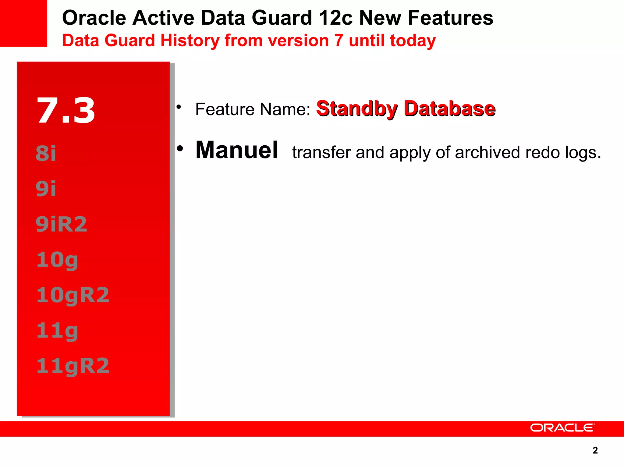 2 
Oracle Active Data Guard 12c New Features 
Data Guard History from version 7 until today 
7.3 
8i 
9i 
9iR2 
10g 
10gR2 
11g 
11gR2 
8i 
9i 
9iR2 
10g 
10gR2 
11g 
11gR2 
• Feature Name: SSttaannddbbyy DDaattaabbaassee 
• Manuel transfer and apply of archived redo logs. 
 
