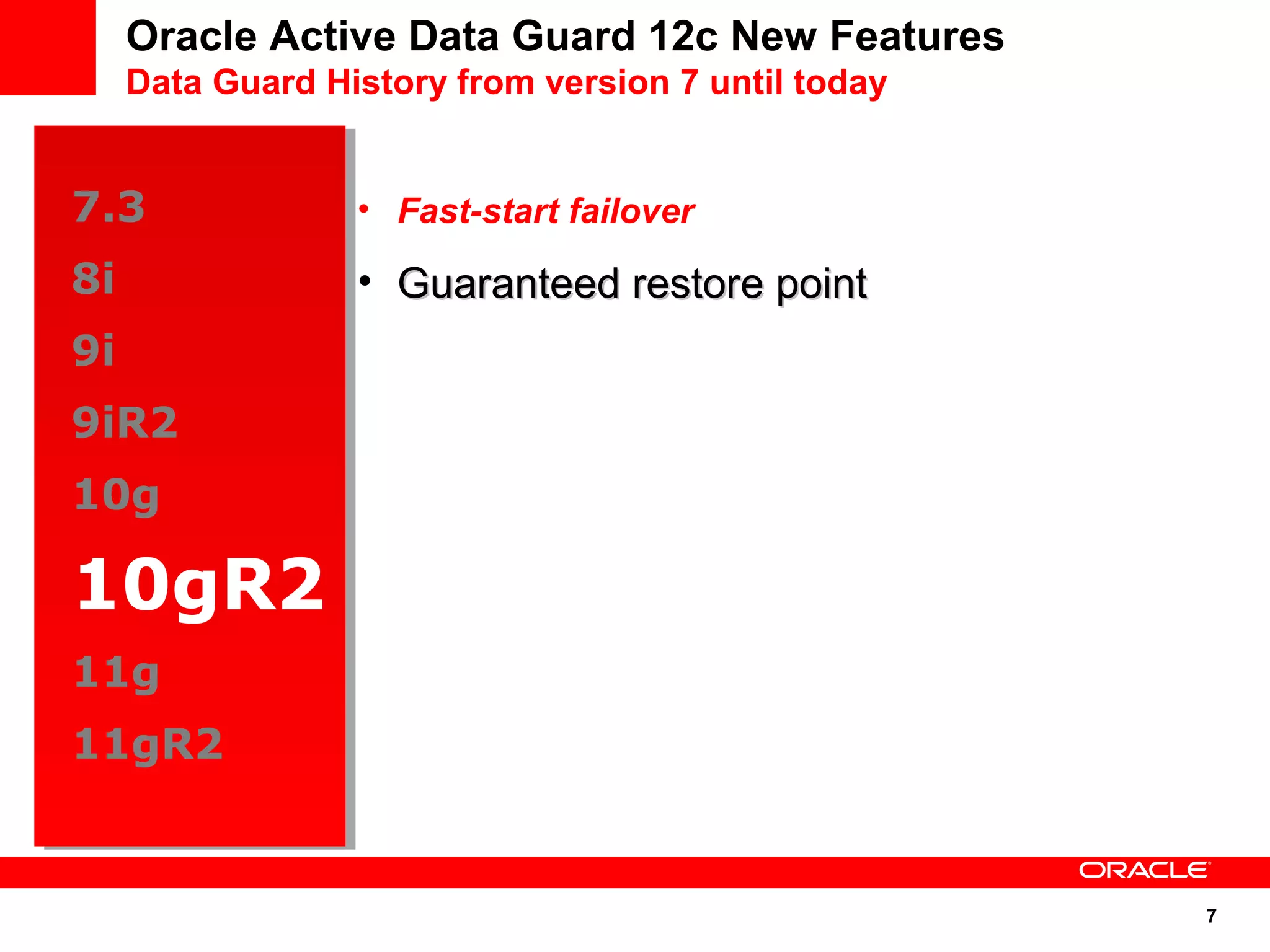 7 
Oracle Active Data Guard 12c New Features 
Data Guard History from version 7 until today 
7.3 
7.3 
8i 
8i 
9i 
9i 
9iR2 
9iR2 
10g 
10g 
10gR2 
11g 
11gR2 
11g 
11gR2 
• Fast-start failover 
• Guaranteed rreessttoorree ppooiinntt 
 