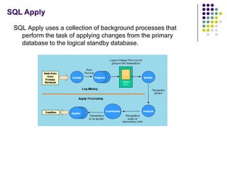 SQL Apply

 SQL Apply uses a collection of background processes that
   perform the task of applying changes from the primary
   database to the logical standby database.
 