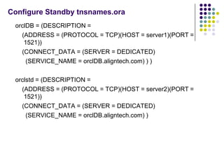 Configure Standby tnsnames.ora
 orclDB = (DESCRIPTION =
   (ADDRESS = (PROTOCOL = TCP)(HOST = server1)(PORT =
    1521))
   (CONNECT_DATA = (SERVER = DEDICATED)
     (SERVICE_NAME = orclDB.aligntech.com) ) )

 orclstd = (DESCRIPTION =
   (ADDRESS = (PROTOCOL = TCP)(HOST = server2)(PORT =
    1521))
   (CONNECT_DATA = (SERVER = DEDICATED)
     (SERVICE_NAME = orclDB.aligntech.com) )
 