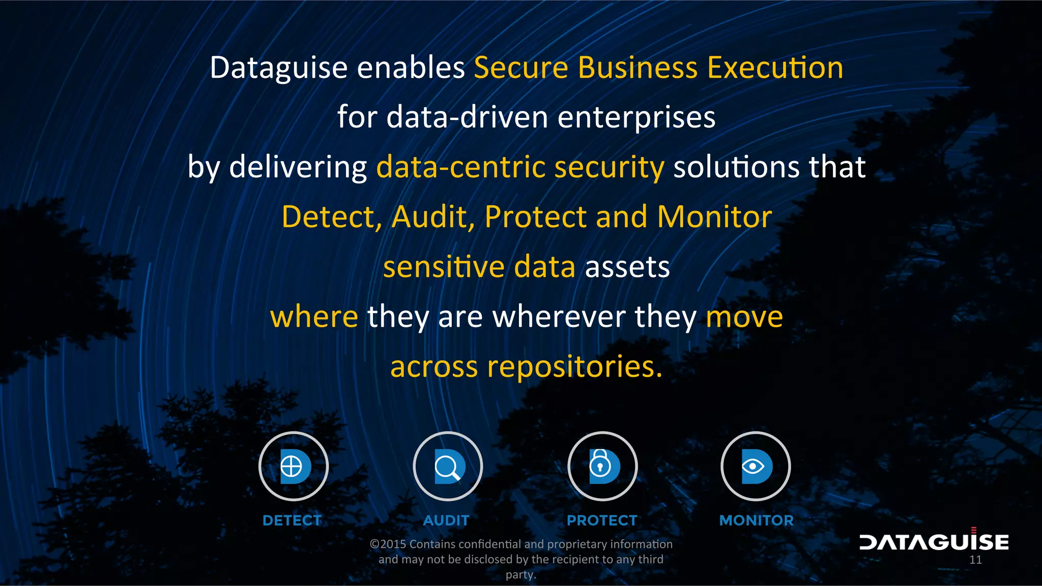 Dataguise	
  enables	
  Secure	
  Business	
  Execu3on	
  
for	
  data-­‐driven	
  enterprises	
  
by	
  delivering	
  data-­‐centric	
  security	
  solu3ons	
  that	
  
Detect,	
  Audit,	
  Protect	
  and	
  Monitor	
  
sensi3ve	
  data	
  assets	
  
where	
  they	
  are	
  wherever	
  they	
  move	
  
across	
  repositories.	
  
©2015	
  Contains	
  conﬁden3al	
  and	
  proprietary	
  informa3on	
  
and	
  may	
  not	
  be	
  disclosed	
  by	
  the	
  recipient	
  to	
  any	
  third	
  
party.	
  
11	
  
 