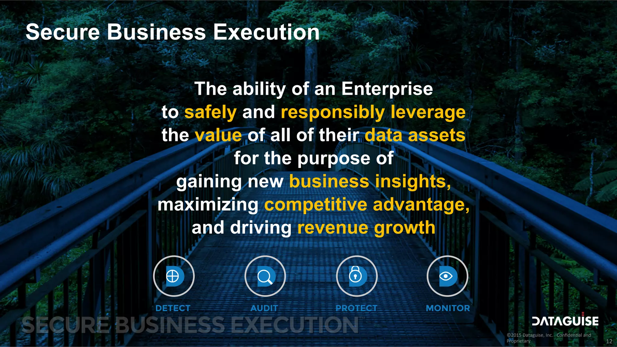 ©2015	
  Dataguise,	
  Inc.	
  	
  	
  Conﬁden3al	
  and	
  
Proprietary	
  
Secure Business Execution
The ability of an Enterprise
to safely and responsibly leverage
the value of all of their data assets
for the purpose of
gaining new business insights,
maximizing competitive advantage,
and driving revenue growth
12	
  
 