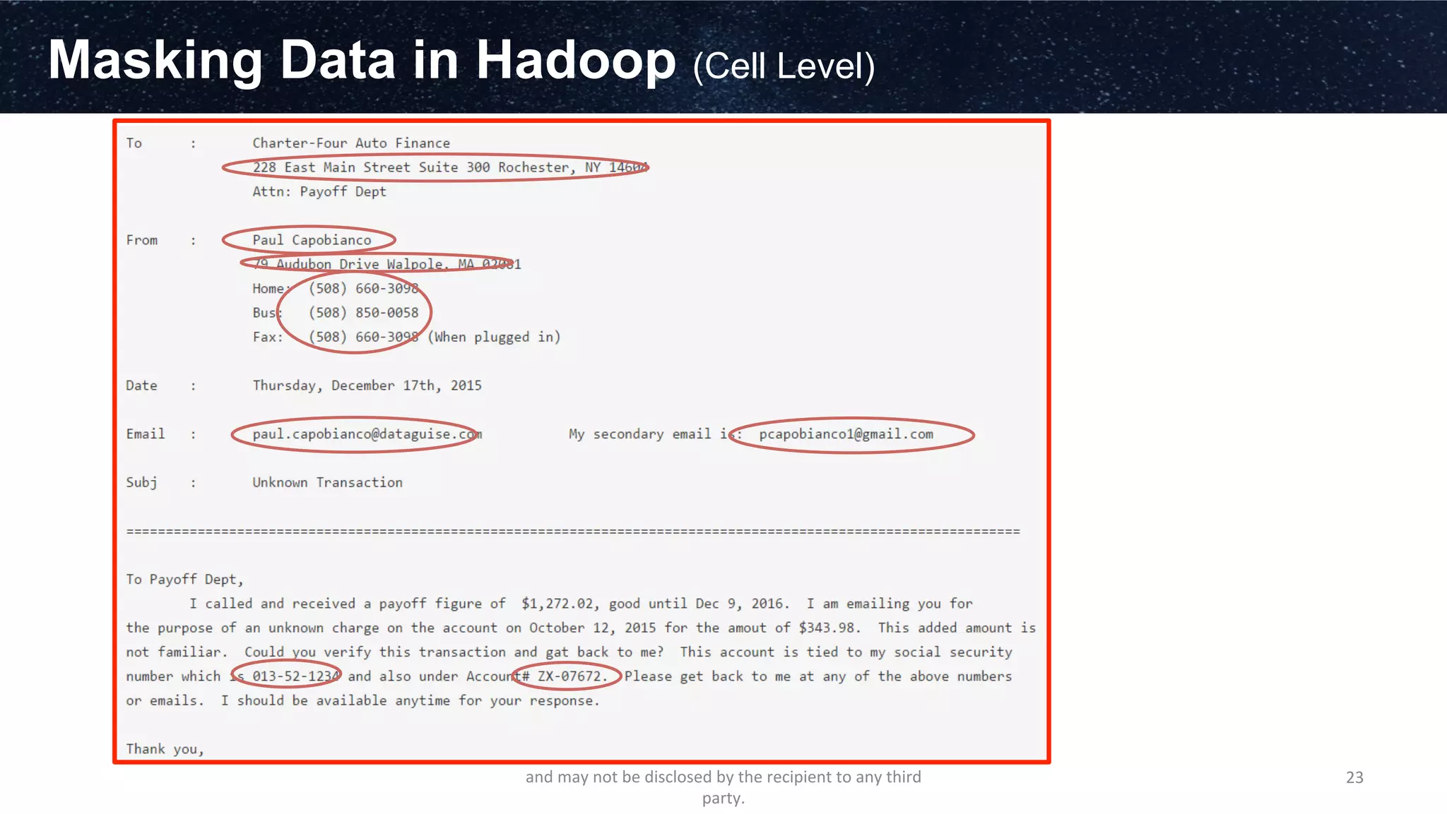 Masking Data in Hadoop (Cell Level)
©2015	
  Contains	
  conﬁden3al	
  and	
  proprietary	
  informa3on	
  
and	
  may	
  not	
  be	
  disclosed	
  by	
  the	
  recipient	
  to	
  any	
  third	
  
party.	
  
23	
  
 