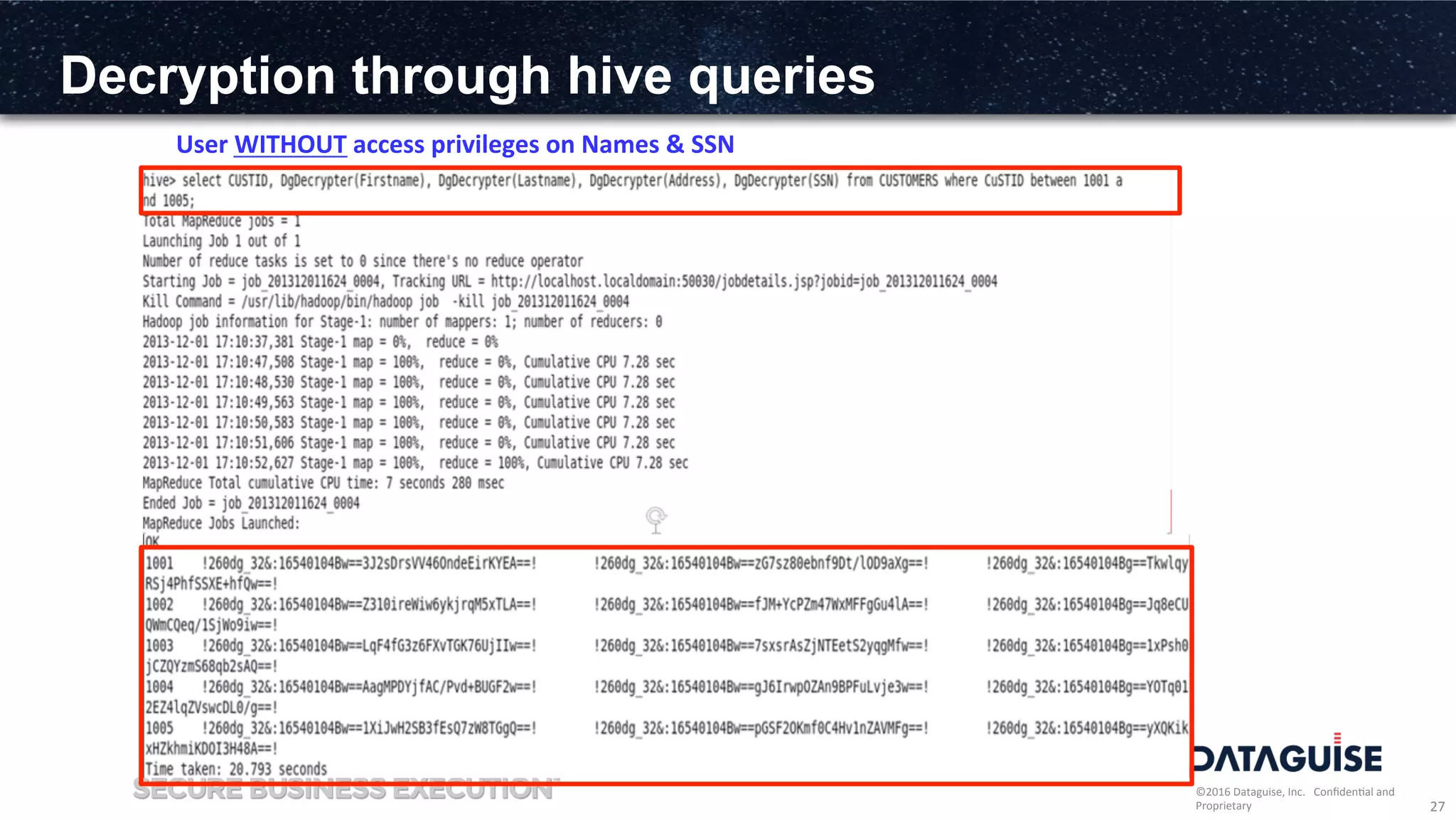 ©2016	
  Dataguise,	
  Inc.	
  	
  	
  Conﬁden3al	
  and	
  
Proprietary	
  
Decryption through hive queries
27	
  
User	
  WITHOUT	
  access	
  privileges	
  on	
  Names	
  &	
  SSN	
  
 