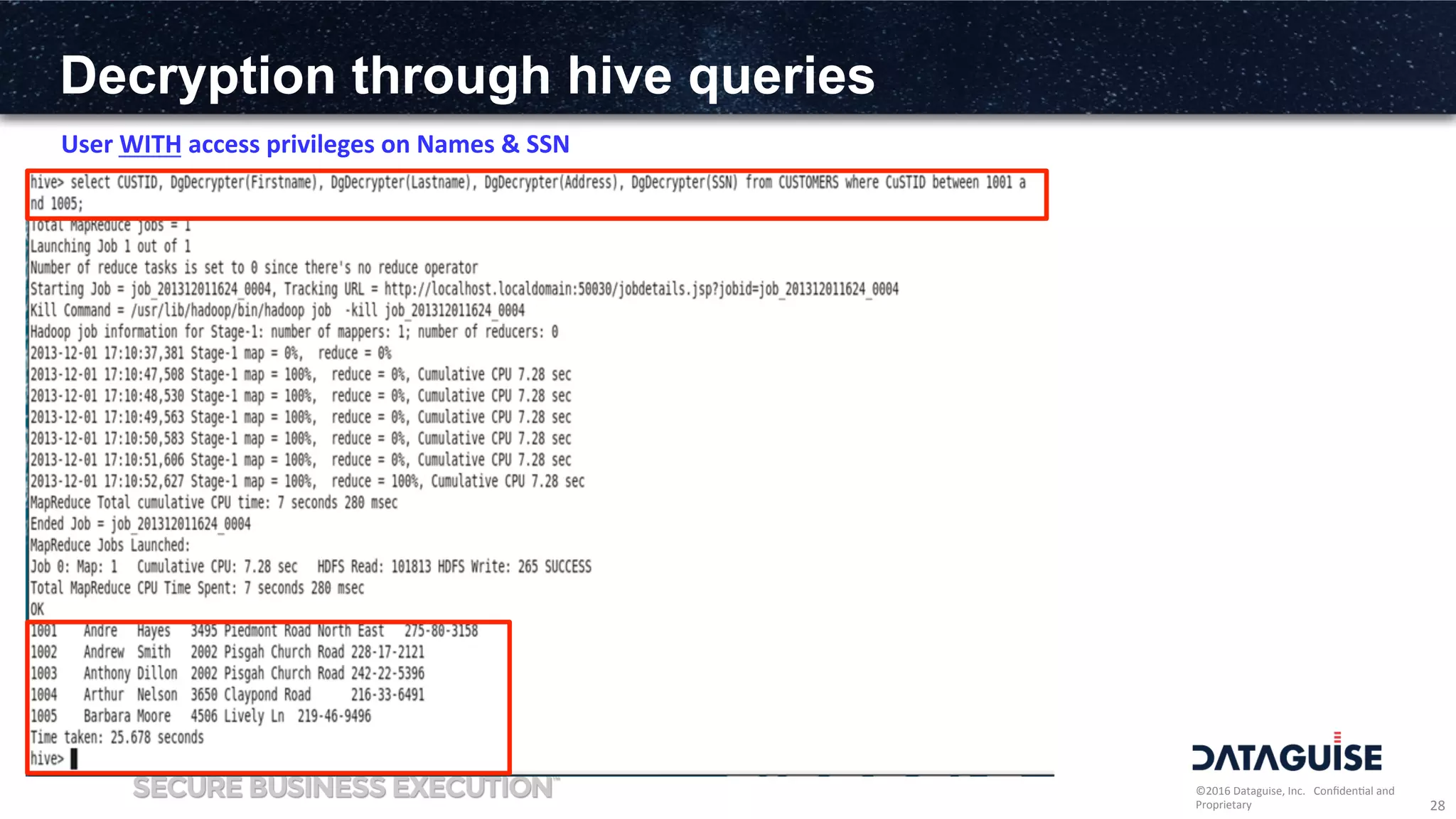 ©2016	
  Dataguise,	
  Inc.	
  	
  	
  Conﬁden3al	
  and	
  
Proprietary	
  
Decryption through hive queries
28	
  
User	
  WITH	
  access	
  privileges	
  on	
  Names	
  &	
  SSN	
  
 