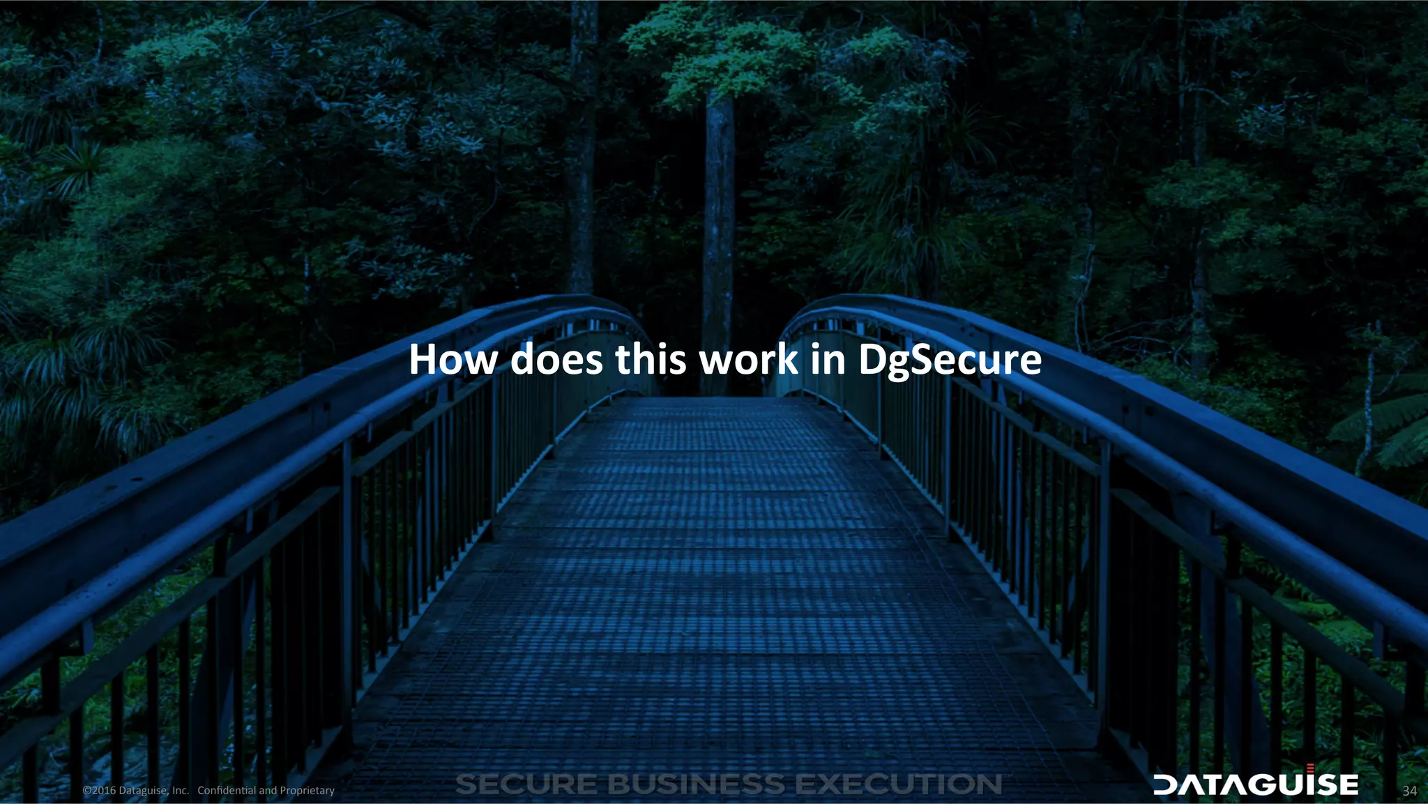 ©2016	
  Dataguise,	
  Inc.	
  	
  	
  Conﬁden3al	
  and	
  Proprietary	
   34	
  
	
  
	
  
	
  
How	
  does	
  this	
  work	
  in	
  DgSecure	
  
 