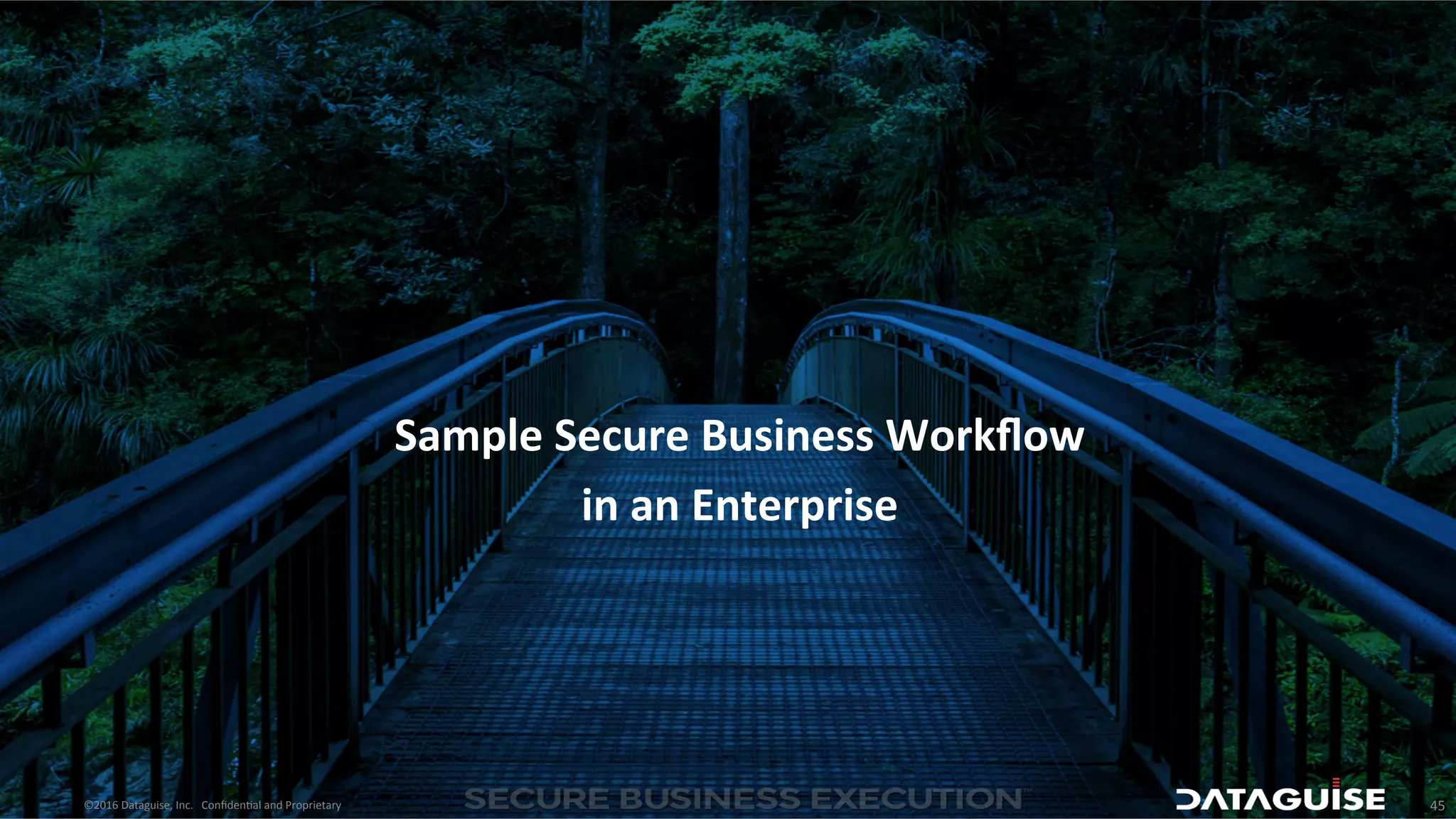 ©2016	
  Dataguise,	
  Inc.	
  	
  	
  Conﬁden3al	
  and	
  Proprietary	
   45	
  
	
  
	
  
	
  
	
  
Sample	
  Secure	
  Business	
  Workﬂow	
  	
  
in	
  an	
  Enterprise	
  
 