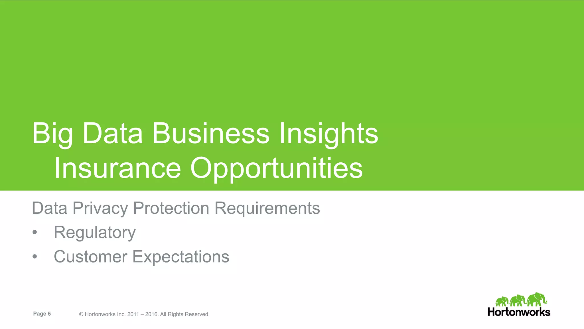 Page 5 © Hortonworks Inc. 2011 – 2016. All Rights Reserved
Big Data Business Insights
Insurance Opportunities
Data Privacy Protection Requirements
•  Regulatory
•  Customer Expectations
 