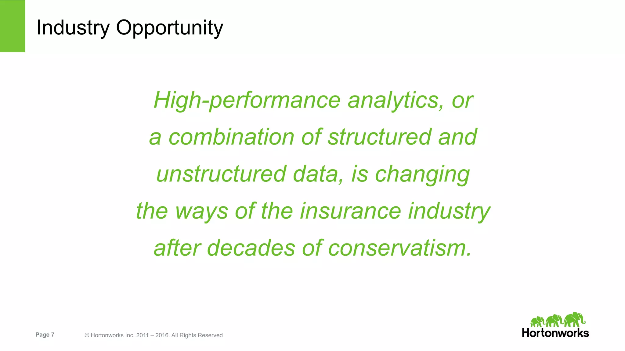 Page 7 © Hortonworks Inc. 2011 – 2016. All Rights Reserved
Industry Opportunity
High-performance analytics, or
a combination of structured and
unstructured data, is changing
the ways of the insurance industry
after decades of conservatism.
 