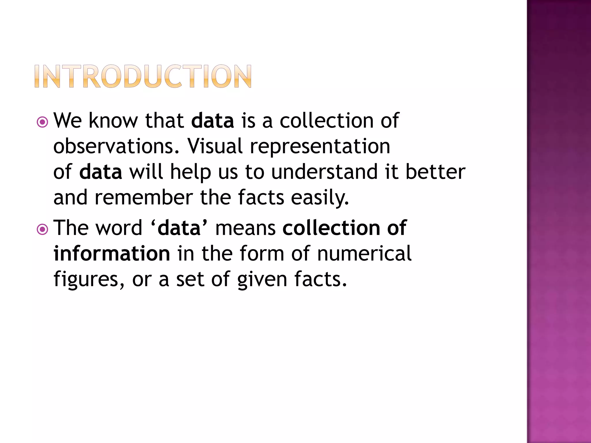  We know that data is a collection of
observations. Visual representation
of data will help us to understand it better
and remember the facts easily.
The word ‘data’ means collection of
information in the form of numerical
figures, or a set of given facts.
