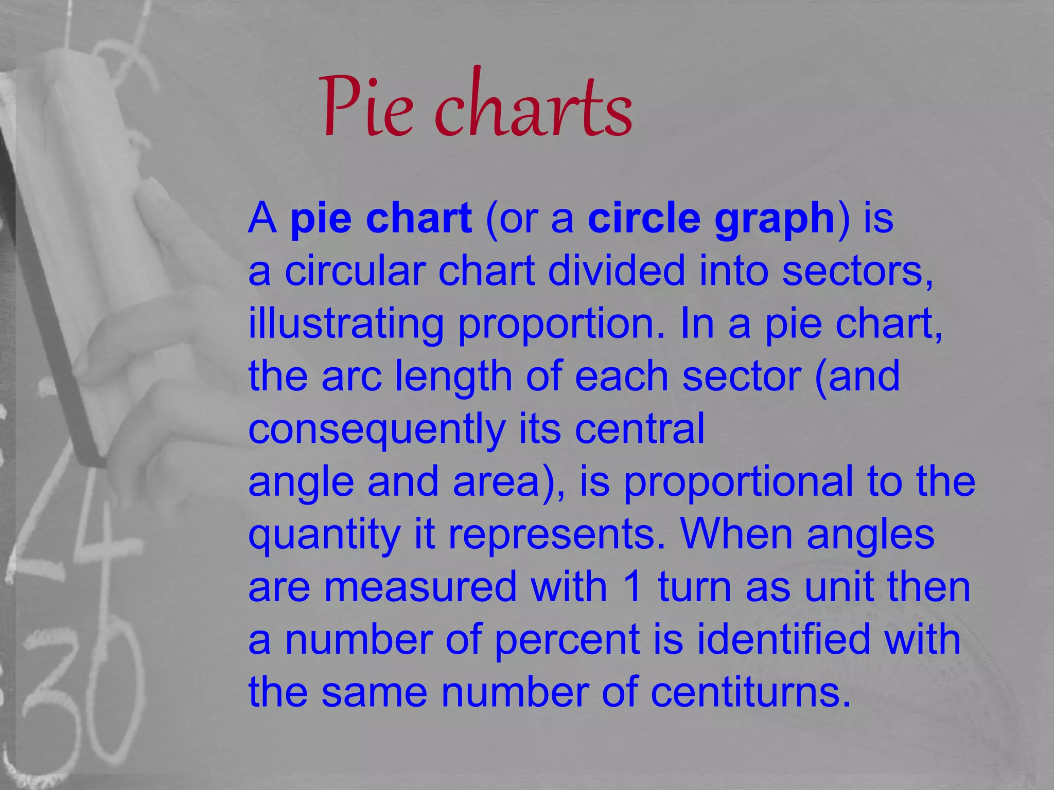 Pie charts
A pie chart (or a circle graph) is
a circular chart divided into sectors,
illustrating proportion. In a pie chart,
the arc length of each sector (and
consequently its central
angle and area), is proportional to the
quantity it represents. When angles
are measured with 1 turn as unit then
a number of percent is identified with
the same number of centiturns.
 