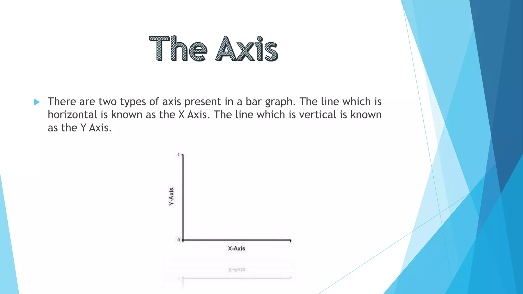  There are two types of axis present in a bar graph. The line which is
horizontal is known as the X Axis. The line which is vertical is known
as the Y Axis.
 