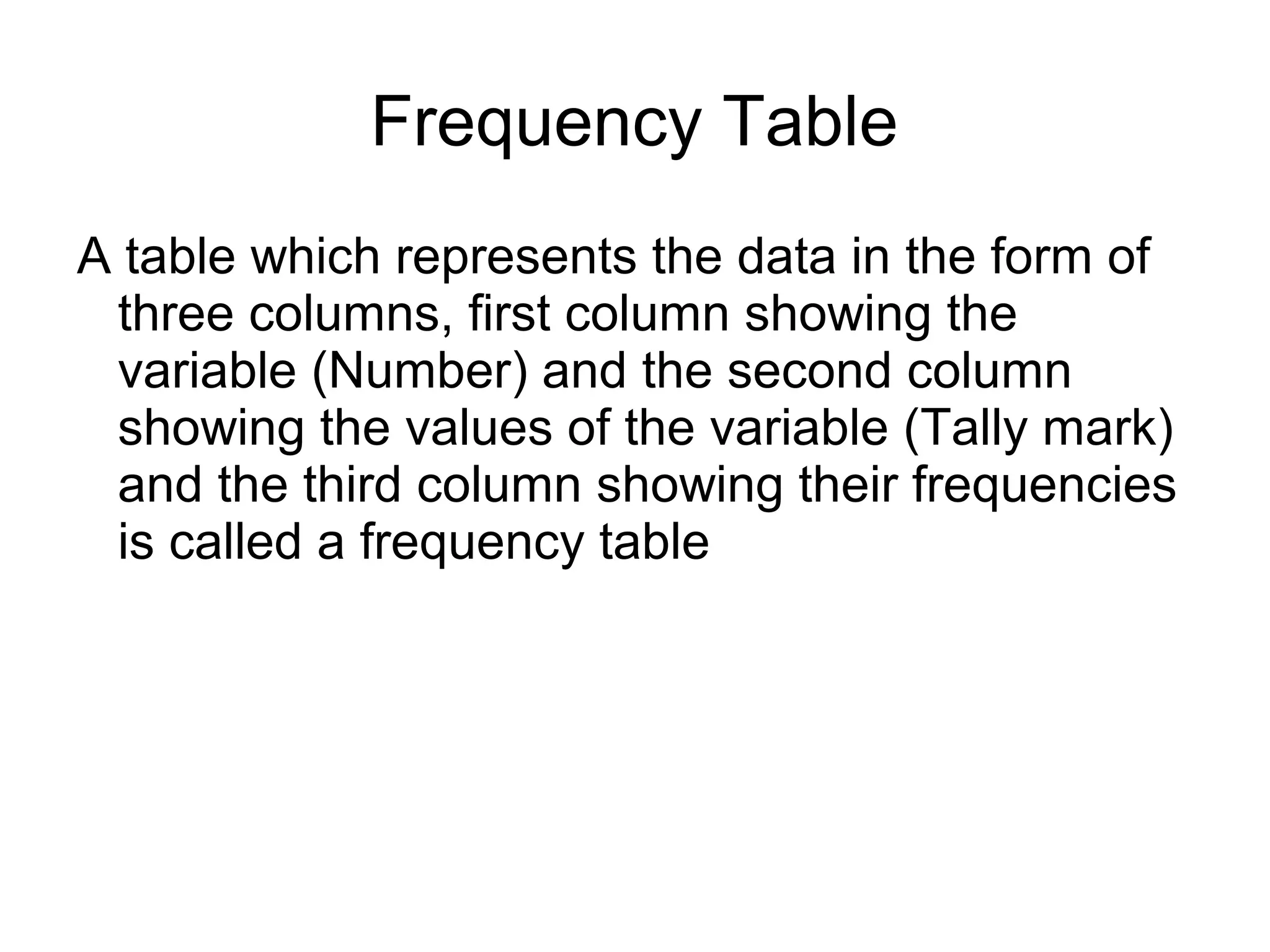 Frequency Table
A table which represents the data in the form of
three columns, first column showing the
variable (Number) and the second column
showing the values of the variable (Tally mark)
and the third column showing their frequencies
is called a frequency table
 