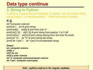 Data type continue
Visit : python.mykvs.in for regular updates
2. String In Python
A string is a sequence of characters. I...