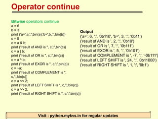 Operator continue
Visit : python.mykvs.in for regular updates
Bitwise operators continue
a = 6
b = 3
print ('a=',a,':',bin...