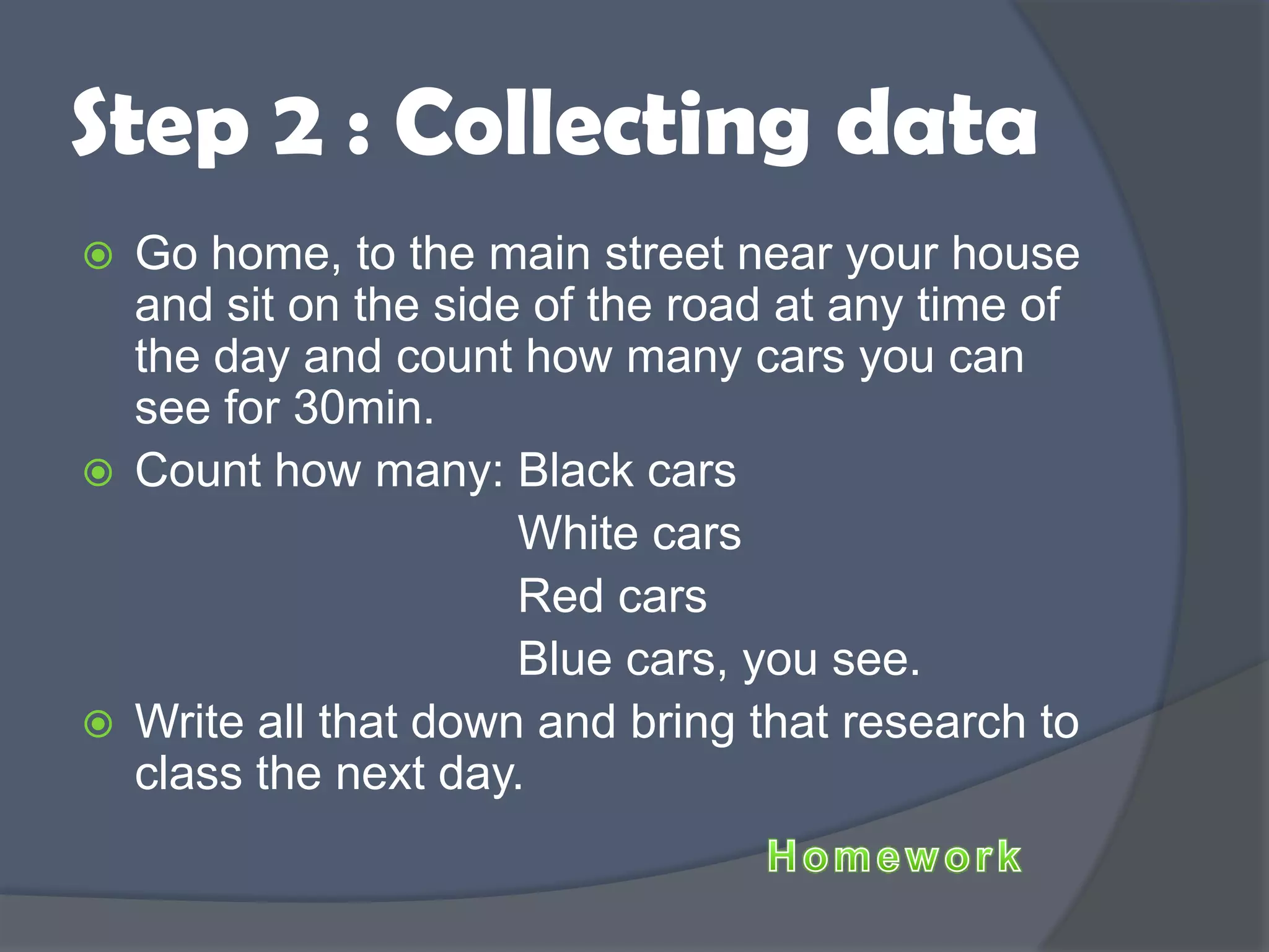 Step 2 : Collecting data
 Go home, to the main street near your house
and sit on the side of the road at any time of
the day and count how many cars you can
see for 30min.
 Count how many: Black cars
White cars
Red cars
Blue cars, you see.
 Write all that down and bring that research to
class the next day.
 