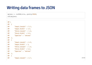 Writing data frames to JSONWriting data frames to JSON
myjson <- toJSON(iris, pretty=TRUE)
cat(myjson)
## [
## {
## "Sepal.Length" : 5.1,
## "Sepal.Width" : 3.5,
## "Petal.Length" : 1.4,
## "Petal.Width" : 0.2,
## "Species" : "setosa"
## },
## {
## "Sepal.Length" : 4.9,
## "Sepal.Width" : 3,
## "Petal.Length" : 1.4,
## "Petal.Width" : 0.2,
## "Species" : "setosa"
## },
## {
## "Sepal.Length" : 4.7, 20/40
 