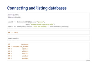 Connecting and listing databasesConnecting and listing databases
library(DBI)
library(RMySQL)
ucscDb <- dbConnect(MySQL(),user="genome",
host="genome-mysql.cse.ucsc.edu")
result <- dbGetQuery(ucscDb,"show databases;"); dbDisconnect(ucscDb);
## [1] TRUE
head(result)
## Database
## 1 information_schema
## 2 ailMel1
## 3 allMis1
## 4 anoCar1
## 5 anoCar2
## 6 anoGam1
25/40
 