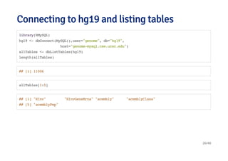 Connecting to hg19 and listing tablesConnecting to hg19 and listing tables
library(RMySQL)
hg19 <- dbConnect(MySQL(),user="genome", db="hg19",
host="genome-mysql.cse.ucsc.edu")
allTables <- dbListTables(hg19)
length(allTables)
## [1] 11006
allTables[1:5]
## [1] "HInv" "HInvGeneMrna" "acembly" "acemblyClass"
## [5] "acemblyPep"
26/40
 