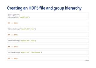 Creating an HDF5 file and group hierarchyCreating an HDF5 file and group hierarchy
library(rhdf5)
h5createFile("myhdf5.h5")
## [1] TRUE
h5createGroup("myhdf5.h5","foo")
## [1] TRUE
h5createGroup("myhdf5.h5","baa")
## [1] TRUE
h5createGroup("myhdf5.h5","foo/foobaa")
## [1] TRUE
33/40
 