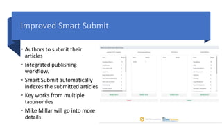 Improved Smart Submit
• Authors to submit their
articles
• Integrated publishing
workflow.
• Smart Submit automatically
indexes the submitted articles
• Key works from multiple
taxonomies
• Mike Millar will go into more
details
 