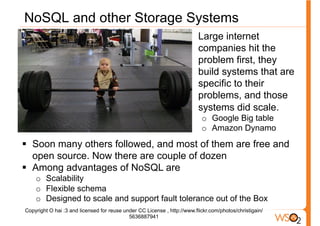 NoSQL and other Storage Systems
                                                                     §  Large internet
                                                                         companies hit the
                                                                         problem first, they
                                                                         build systems that are
                                                                         specific to their
                                                                         problems, and those
                                                                         systems did scale.
                                                                           o  Google Big table
                                                                           o  Amazon Dynamo
§  Soon many others followed, and most of them are free and
    open source. Now there are couple of dozen
§  Among advantages of NoSQL are
    o  Scalability
    o  Flexible schema
    o  Designed to scale and support fault tolerance out of the Box
Copyright O hai :3 and licensed for reuse under CC License , http://www.flickr.com/photos/christigain/
                                            5636887941
 