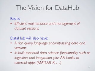 The Vision for DataHub
16
Basics:
•  Efﬁcient maintenance and management of
dataset versions
DataHub will also have:
•  A ...