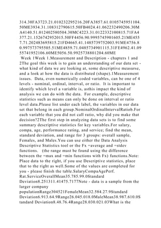 314.30FA3723.21.010232295216.20FA3857.61.0105745951104.
50ME3934.31.108312790615.50FB4024.41.062232490206.30M
A4140.51.012402580504.30MC4223.31.0122332100815.71FA4
377.21.1526742952015.50FF4456.90.9995745901605.21ME455
7.71.202483695815.21FD4665.41.1485739752003.91ME4756.8
0.997573795505.51ME4859.71.0485734901115.31FE4962.41.09
55741952106.60ME5056.50.9925738801204.60ME
Week 1Week 1.Measurement and Description - chapters 1 and
2The goal this week is to gain an understanding of our data set -
what kind of data we are looking at, some descriptive measurse,
and a look at how the data is distributed (shape).1Measurement
issues. Data, even numerically coded variables, can be one of 4
levels - nominal, ordinal, interval, or ratio. It is important to
identify which level a variable is, asthis impact the kind of
analysis we can do with the data. For example, descriptive
statistics such as means can only be done on interval or ratio
level data.Please list under each label, the variables in our data
set that belong in each group.NominalOrdinalIntervalRatiob.For
each variable that you did not call ratio, why did you make that
decision?2The first step in analyzing data sets is to find some
summary descriptive statistics for key variables.For salary,
compa, age, performance rating, and service; find the mean,
standard deviation, and range for 3 groups: overall sample,
Females, and Males.You can use either the Data Analysis
Descriptive Statistics tool or the Fx =average and =stdev
functions. (the range must be found using the difference
between the =max and =min functions with Fx) functions.Note:
Place data to the right, if you use Descriptive statistics, place
that to the right as well.Some of the values are completed for
you - please finish the table.SalaryCompaAgePerf.
Rat.ServiceOverallMean35.785.99.0Standard
Deviation8.251311.41475.7177Note - data is a sample from the
larger company
populationRange304521FemaleMean32.584.27.9Standard
Deviation6.913.64.9Range26.045.018.0MaleMean38.987.610.0S
tandard Deviation8.48.76.4Range28.030.021.03What is the
 