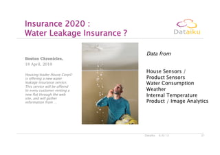 6/6/13Dataiku 21
Insurance 2020 : 
Water Leakage Insurance ?
Boston Chronicles,
18 April, 2018
Housing leader House Corp©
is offering a new water
leakage insurance service.
This service will be offered
to every customer renting a
new flat through the web
site, and will gather
information from …
Data from
House Sensors /  
Product Sensors
Water Consumption
Weather
Internal Temperature
Product / Image Analytics
 