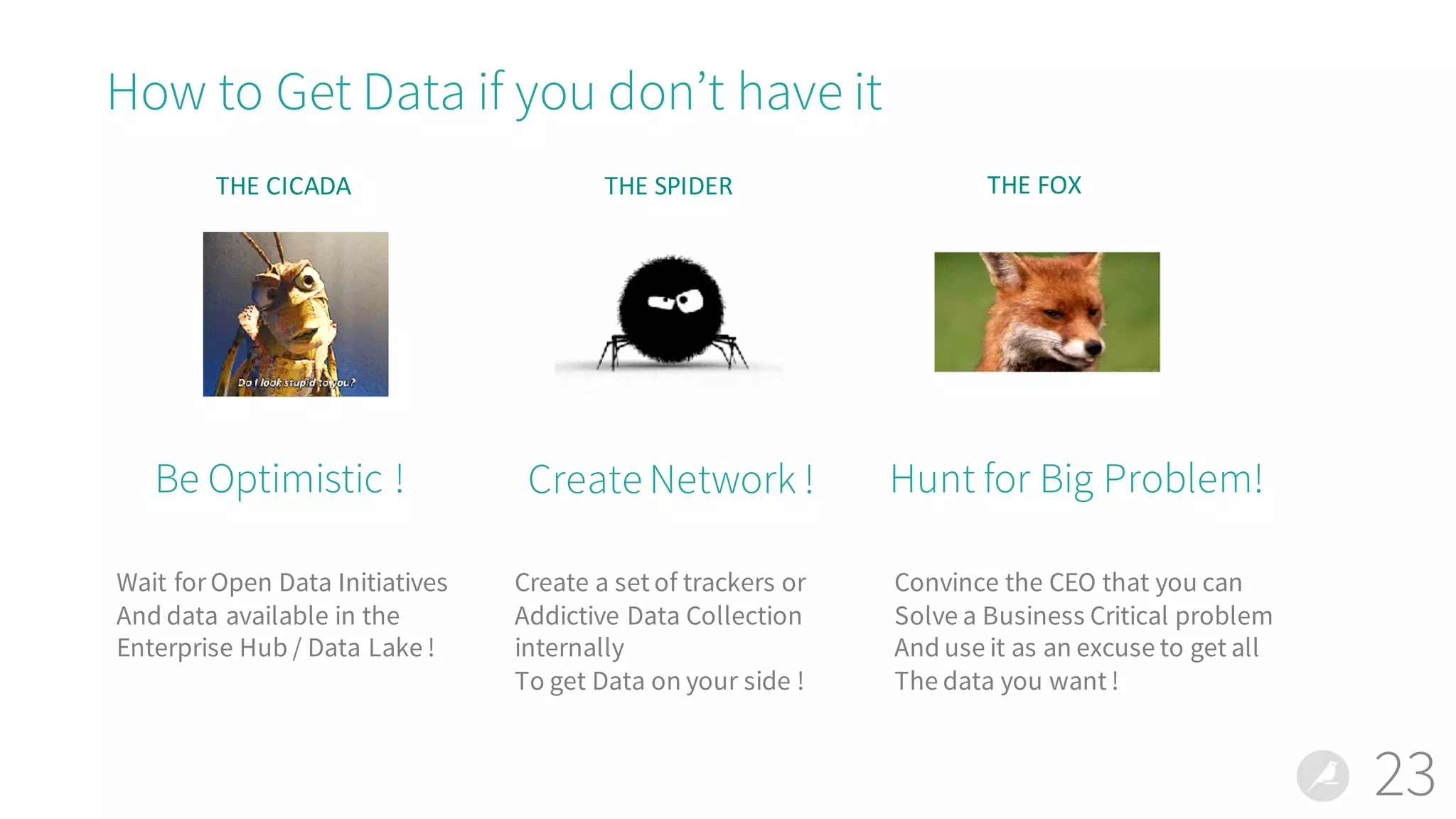 How to Get Data if you don’t have it
23
THE	CICADA THE	SPIDER THE	FOX
Be Optimistic !
Wait for Open Data Initiatives
And data available in the
Enterprise Hub / Data Lake !
Create Network !
Create a set of trackers or
Addictive Data Collection
internally
To get Data on your side !
Hunt for Big Problem!
Convince the CEO that you can
Solve a Business Critical problem
And use it as an excuse to get all
The data you want !
 
