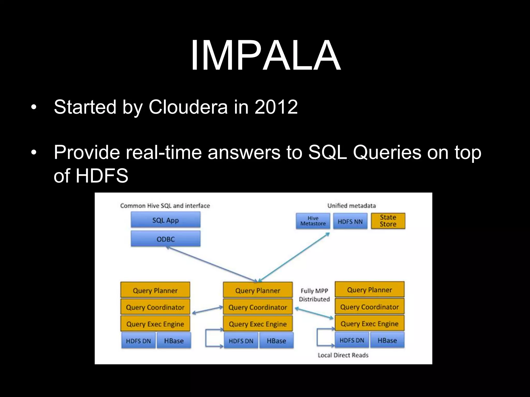 IMPALA
• Started by Cloudera in 2012

• Provide real-time answers to SQL Queries on top
of HDFS

 