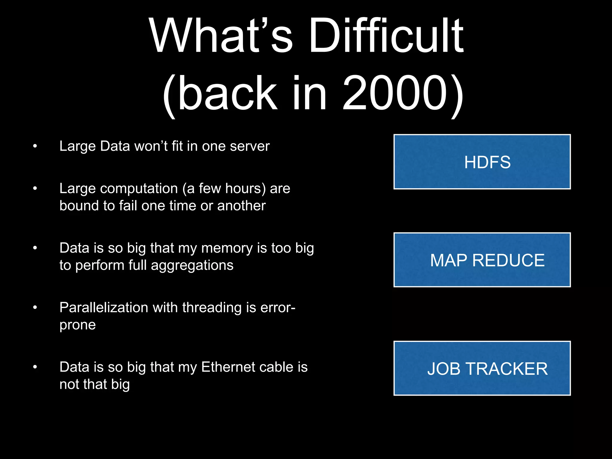 What‟s Difficult
(back in 2000)
•

Large Data won‟t fit in one server

HDFS
•

Large computation (a few hours) are
bound to fail one time or another

•

Data is so big that my memory is too big
to perform full aggregations

•

Parallelization with threading is errorprone

•

Data is so big that my Ethernet cable is
not that big

MAP REDUCE

JOB TRACKER

 
