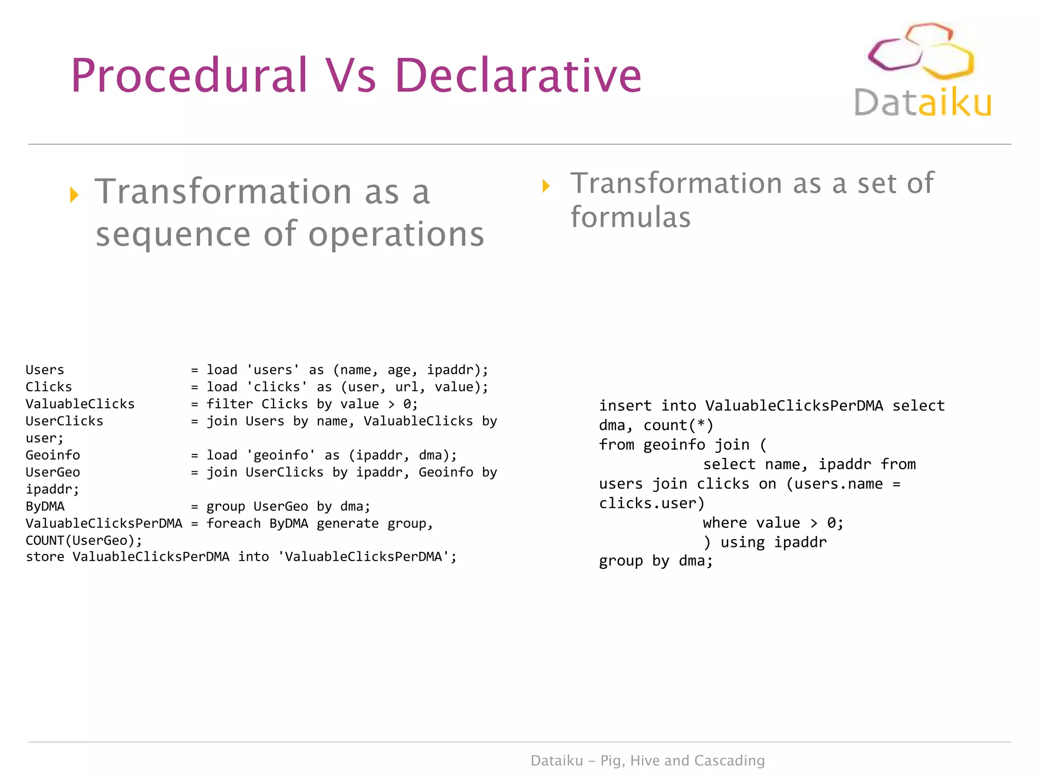 Procedural Vs Declarative


Transformation as a
sequence of operations

Users
= load 'users' as (name, age, ipaddr);
Clicks
= load 'clicks' as (user, url, value);
ValuableClicks
= filter Clicks by value  0;
UserClicks
= join Users by name, ValuableClicks by
user;
Geoinfo
= load 'geoinfo' as (ipaddr, dma);
UserGeo
= join UserClicks by ipaddr, Geoinfo by
ipaddr;
ByDMA
= group UserGeo by dma;
ValuableClicksPerDMA = foreach ByDMA generate group,
COUNT(UserGeo);
store ValuableClicksPerDMA into 'ValuableClicksPerDMA';



Transformation as a set of
formulas

insert into ValuableClicksPerDMA select
dma, count(*)
from geoinfo join (
select name, ipaddr from
users join clicks on (users.name =
clicks.user)
where value  0;
) using ipaddr
group by dma;

Dataiku - Pig, Hive and Cascading

 