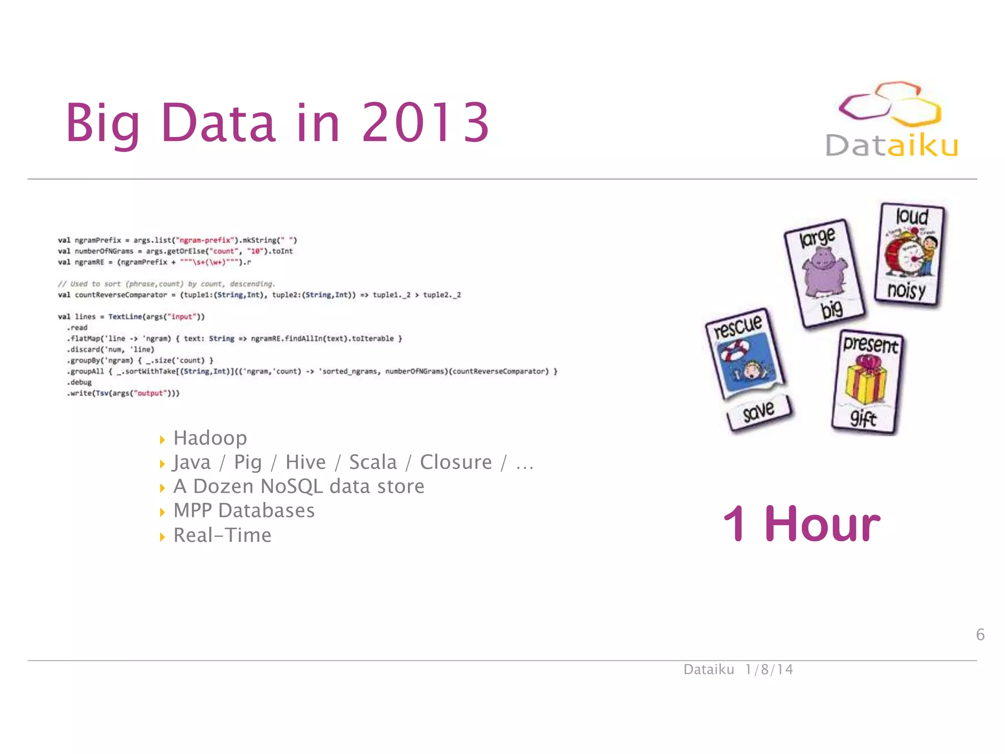 Big Data in 2013







Hadoop
Java / Pig / Hive / Scala / Closure / …
A Dozen NoSQL data store
MPP Databases
Real-Time

1 Hour
6
Dataiku 1/8/14

 