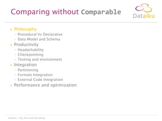 Comparing without Comparable


Philosophy
◦ Procedural Vs Declarative
◦ Data Model and Schema



Productivity
◦ Headachability
◦ Checkpointing
◦ Testing and environment



Integration
◦ Partitioning
◦ Formats Integration
◦ External Code Integration



Performance and optimization

Dataiku - Pig, Hive and Cascading

 