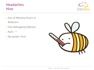 Headaches
Hive


Out of Memory Errors in
Reducers



Few Debugging Options



Null / “”



No builtin “first”

Dataiku - Pig, Hive and Cascading

 