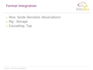 Format Integration





Hive: Serde (Serialize-Deserializer)
Pig : Storage
Cascading: Tap

Dataiku - Pig, Hive and Cascading

 