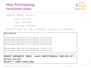 Hive Partitioning
Partitioned tables

CREATE TABLE event (
user_id INT,
type STRING,
message STRING)
PARTITIONED BY (day STRING, server_id STRING);
Disk structure
/hive/event/day=2013-01-27/server_id=s1/file0
/hive/event/day=2013-01-27/server_id=s1/file1
/hive/event/day=2013-01-27/server_id=s2/file0
/hive/event/day=2013-01-27/server_id=s2/file1
…
/hive/event/day=2013-01-28/server_id=s2/file0
/hive/event/day=2013-01-28/server_id=s2/file1

INSERT OVERWRITE TABLE event PARTITION(ds='2013-01-27',
server_id=„s1‟)
SELECT * FROM event_tmp;
Dataiku Training – Hadoop for Data Science

1/8/14

77

 
