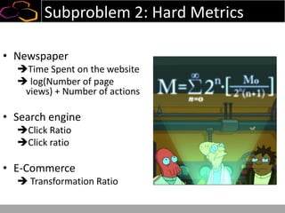 Subproblem 2: Hard Metrics
• Newspaper
Time Spent on the website
 log(Number of page
views) + Number of actions
• Search engine
Click Ratio
Click ratio
• E-Commerce
 Transformation Ratio
 