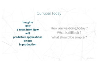 Imagine
How
5 Years from Now
will
predictive applications
be put
in production
Our Goal Today
How are we doing today ?
What is difficult ?
What should be simpler?
 