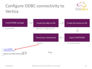 Configure ODBC connectivity to
   Vertica

   Install RODBC package          Create the odbc.ini file                  Create the vertica.ini file

• Via yum install             • ODBC driver configuration file




                                 Check your connectivity                        Export VERTICAINI

                               • In RStudio                                • The system variable




   03/12/2012              Build Your Data Science Platform in the Cloud                            29
 