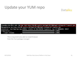 Update your YUM repo




    This is required to be able to install R (base)
    from the Yum package manager




03/12/2012                        Build Your Data Science Platform in the Cloud   61
 