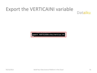 Export the VERTICAINI variable




03/12/2012   Build Your Data Science Platform in the Cloud   91
 