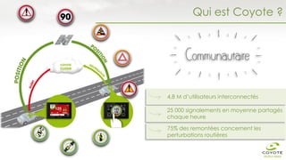 4,8 M d’utilisateurs interconnectés
25 000 signalements en moyenne partagés
chaque heure
75% des remontées concernent les
perturbations routières
Qui est Coyote ?
 