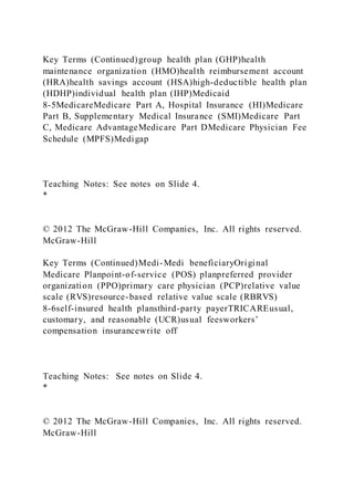 Key Terms (Continued)group health plan (GHP)health
maintenance organization (HMO)health reimbursement account
(HRA)health savings account (HSA)high-deductible health plan
(HDHP)individual health plan (IHP)Medicaid
8-5MedicareMedicare Part A, Hospital Insurance (HI)Medicare
Part B, Supplementary Medical Insurance (SMI)Medicare Part
C, Medicare AdvantageMedicare Part DMedicare Physician Fee
Schedule (MPFS)Medigap
Teaching Notes: See notes on Slide 4.
*
© 2012 The McGraw-Hill Companies, Inc. All rights reserved.
McGraw-Hill
Key Terms (Continued)Medi-Medi beneficiaryOriginal
Medicare Planpoint-of-service (POS) planpreferred provider
organization (PPO)primary care physician (PCP)relative value
scale (RVS)resource-based relative value scale (RBRVS)
8-6self-insured health plansthird-party payerTRICAREusual,
customary, and reasonable (UCR)usual feesworkers’
compensation insurancewrite off
Teaching Notes: See notes on Slide 4.
*
© 2012 The McGraw-Hill Companies, Inc. All rights reserved.
McGraw-Hill
 